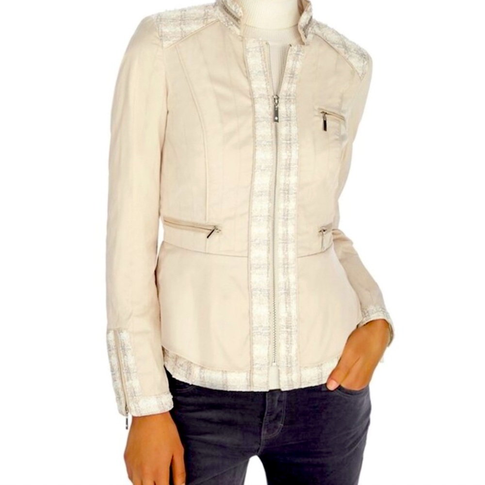 White House Black Market Tweed Puffy Spring Jacket Ivory Cream Chain Detail 6